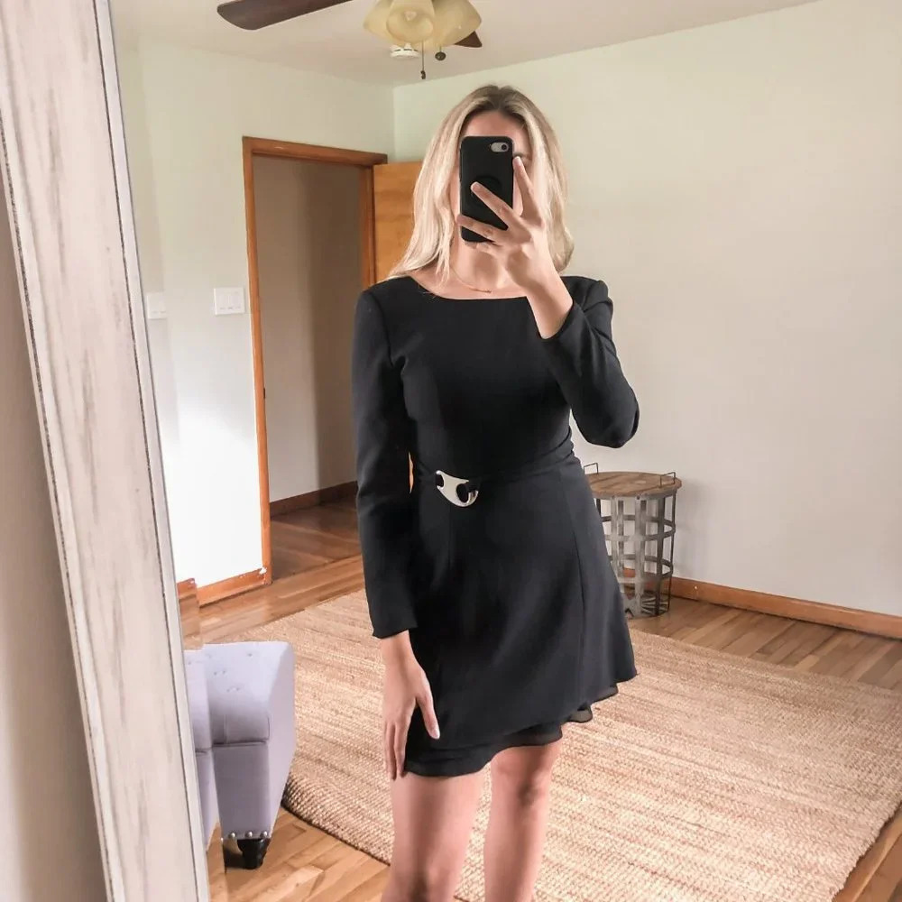 Vintage PINKO Black Belted 80's Long Sleeve Minidress 38